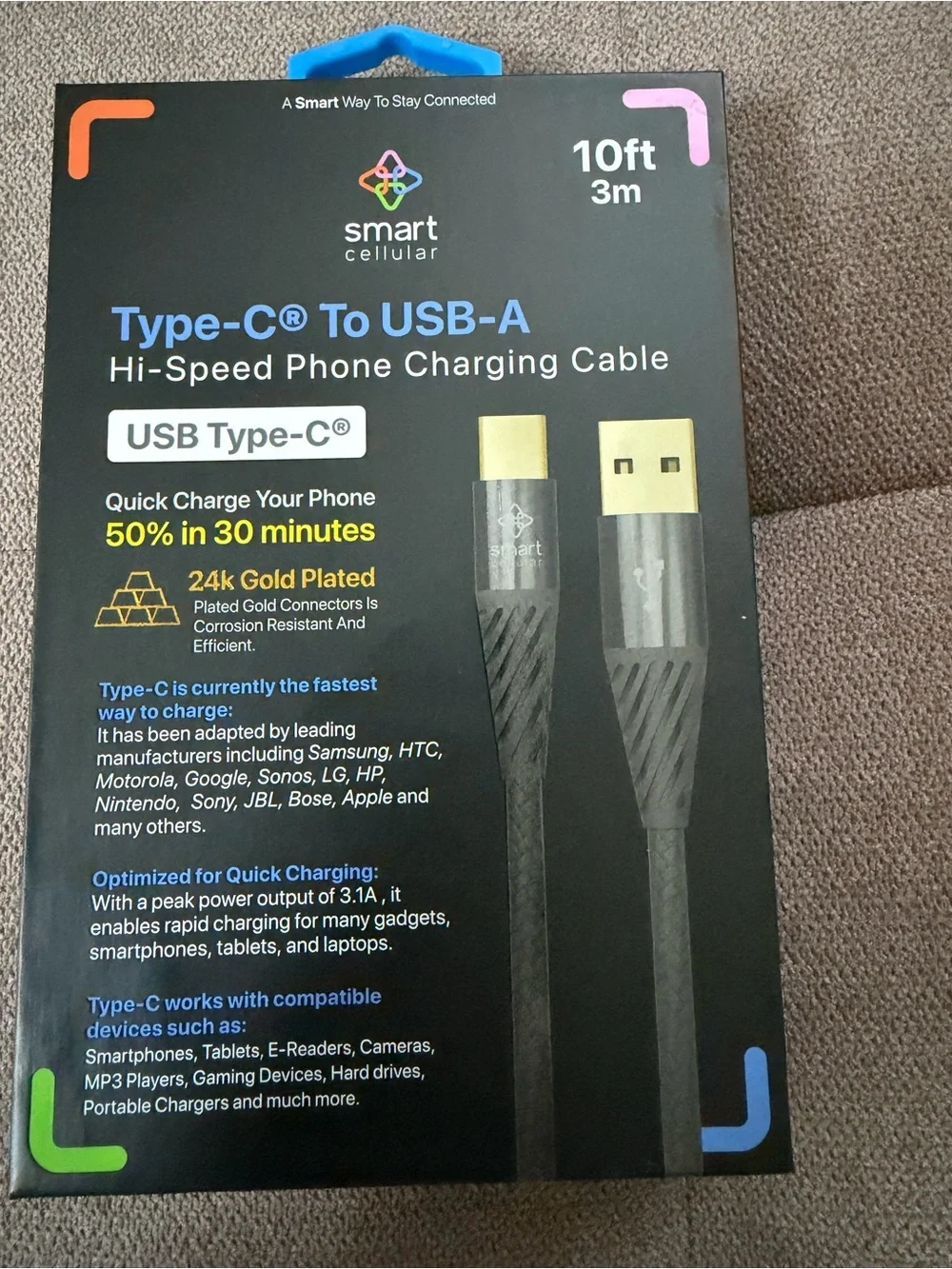 Hi-Speed Phone Charging Cable Type-C to USB-A 10ft Silver Braided New